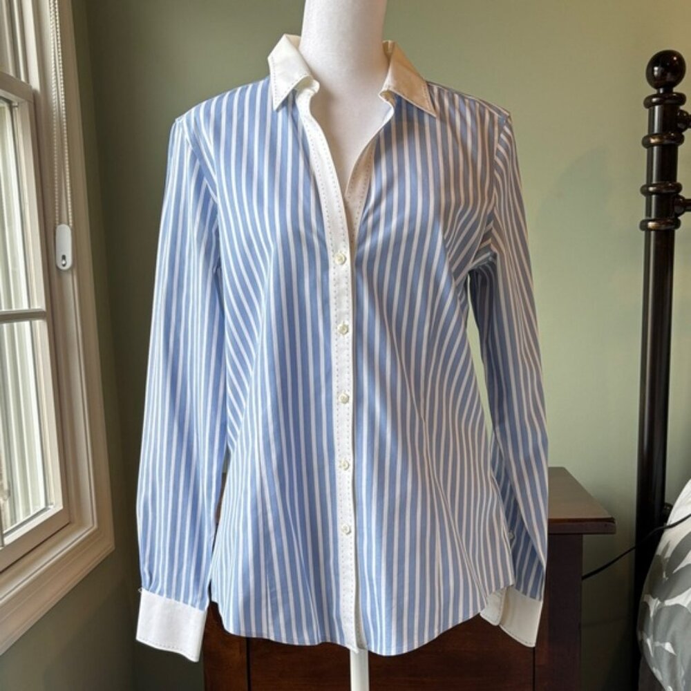 Brooks Brothers Blue and White Striped Fitted Cotton Shirt